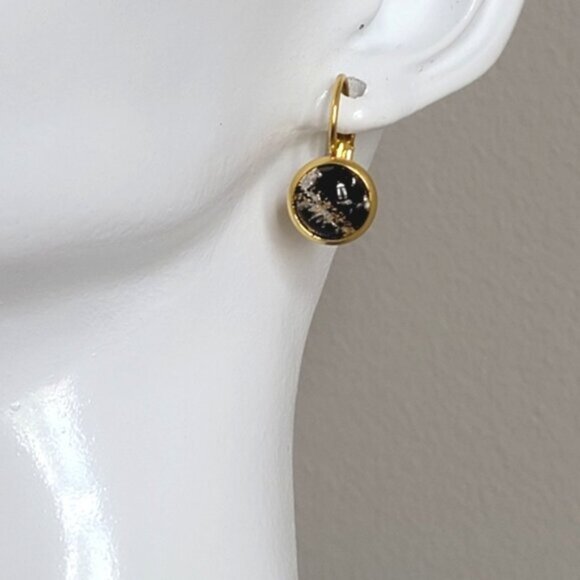 Elegant Hand Crafted Boho Black Gold Gemstone Marble Circle Drop Dangle Earrings - Picture 7 of 15